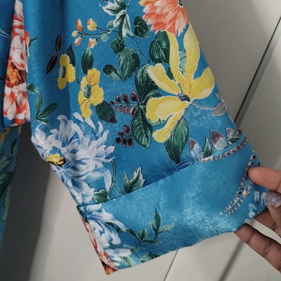 ZARA TRF Collection Floral Kimono Style Satin Robe Teal Blue Size M - Picture 2 of 9